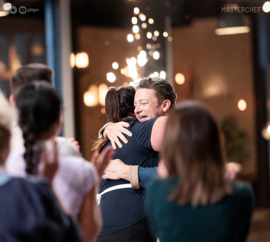Larissa hugging Jamie Oliver