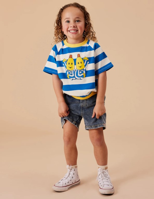 Girl wears Bananas in Pyjamas T-shirt.