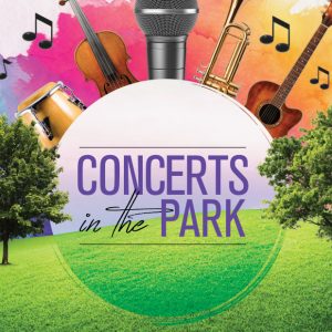 A poster of A lively outdoor concert in a park with people enjoying music and dancing under the trees.