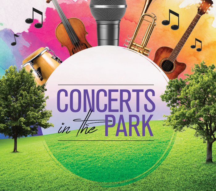 A poster of A lively outdoor concert in a park with people enjoying music and dancing under the trees.