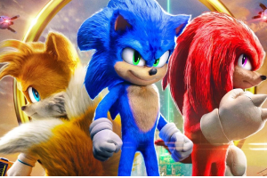 Movie poster featuring Sonic the Hedgehog in action, showcasing vibrant colors and dynamic poses.