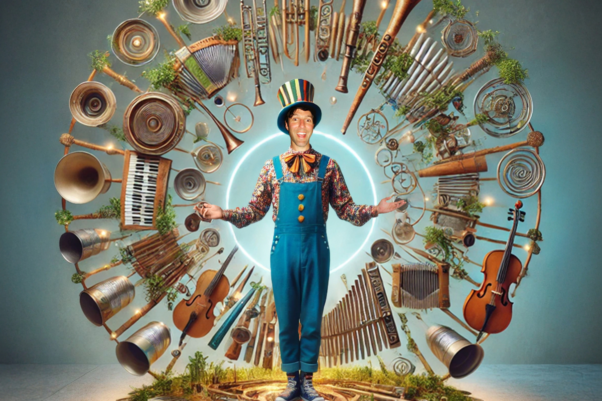  A man in a top hat stands among various musical instruments, creating a lively and artistic atmosphere.