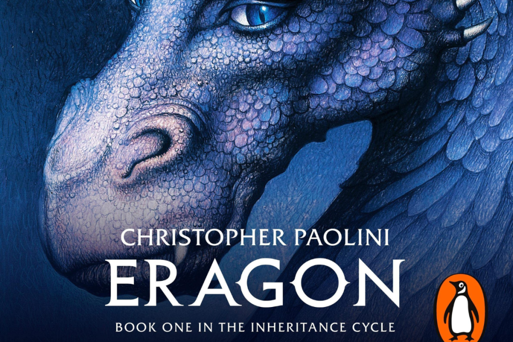 Cover of "Eragon," the first book in the Inheritance Cycle, featuring a dragon and a young hero in a fantasy landscape.