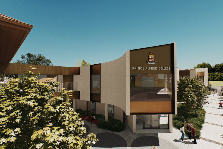 A digital rendering of the new university building showcasing its modern architecture and surrounding landscape.