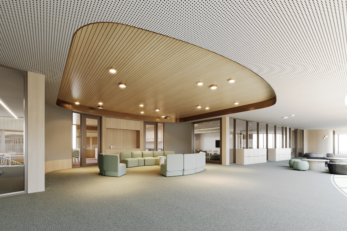 A spacious interior featuring a large, curved ceiling that creates an open and airy atmosphere.