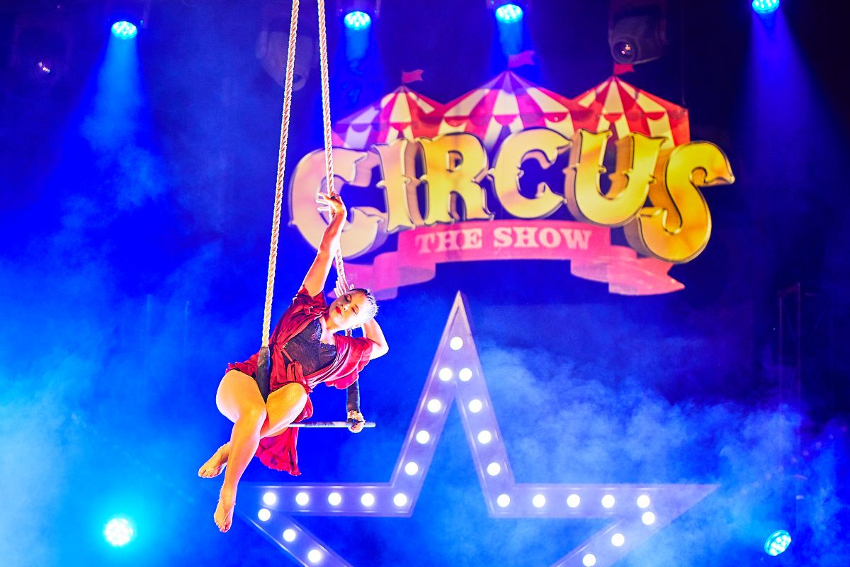 A vibrant circus scene featuring acrobats and clowns, heralding the circus's arrival in the town. Joy and wonder await.