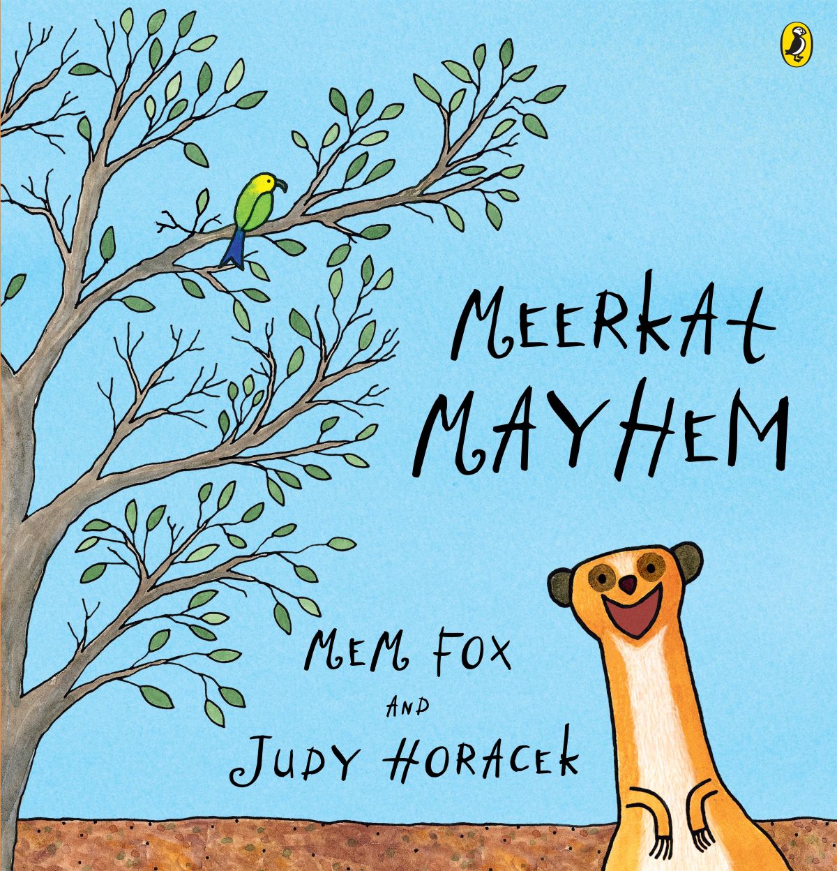 A lively scene of meerkats in chaos written by Mem Fox and Judy Horack, showcasing their playful antics.