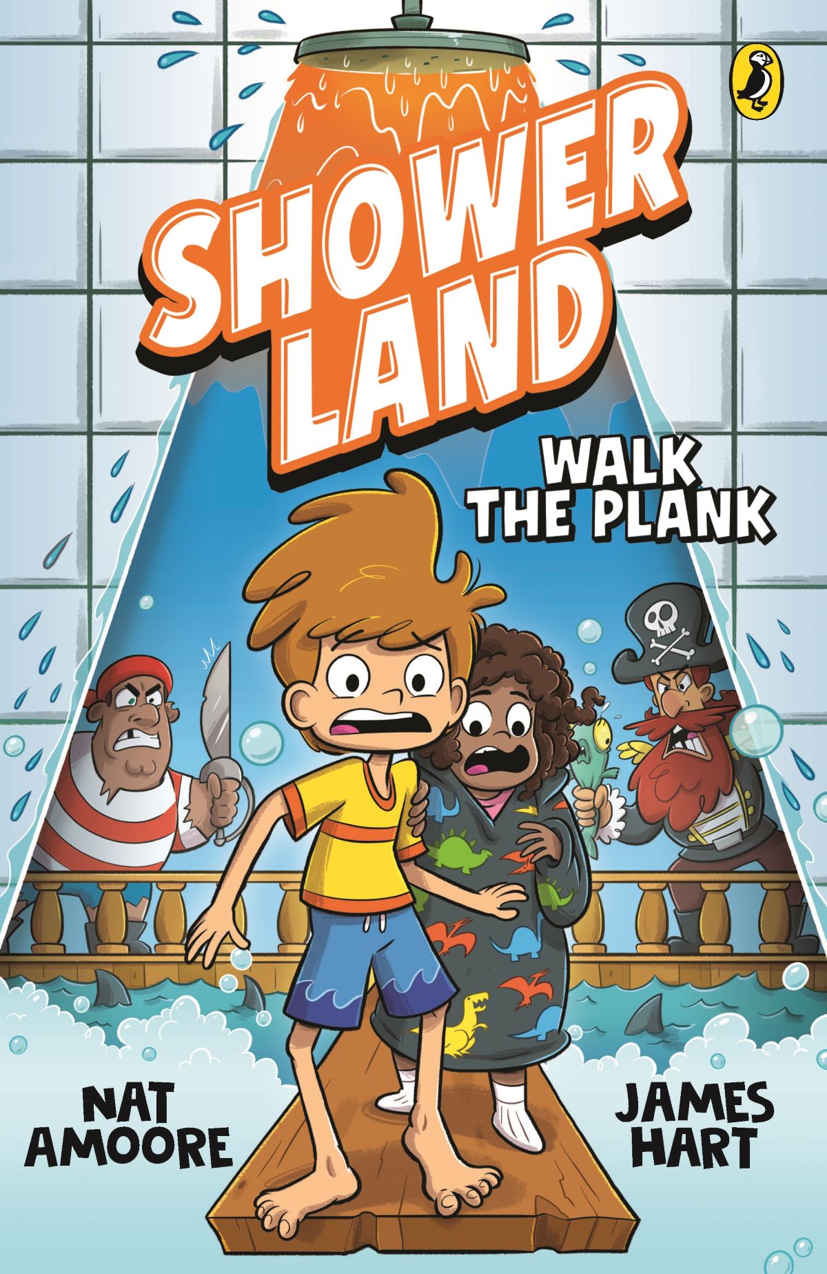 Book cover of "Shower Land: Walk the Plank," featuring vibrant colors and intriguing illustrations.