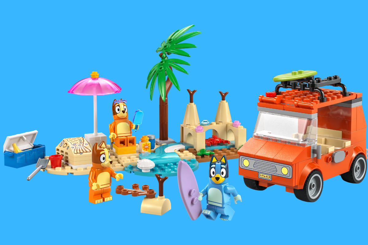 A colorful LEGO beach set featuring Bluey, complete with sand, waves, and playful ocean elements for imaginative play.