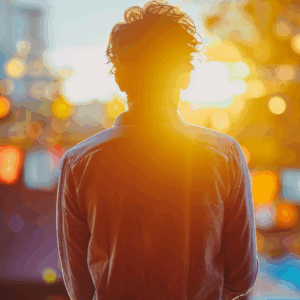 A man stands silhouetted against a vibrant sunset over a city skyline.