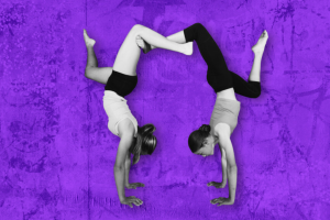 Two women practicing yoga poses against a vibrant purple background.