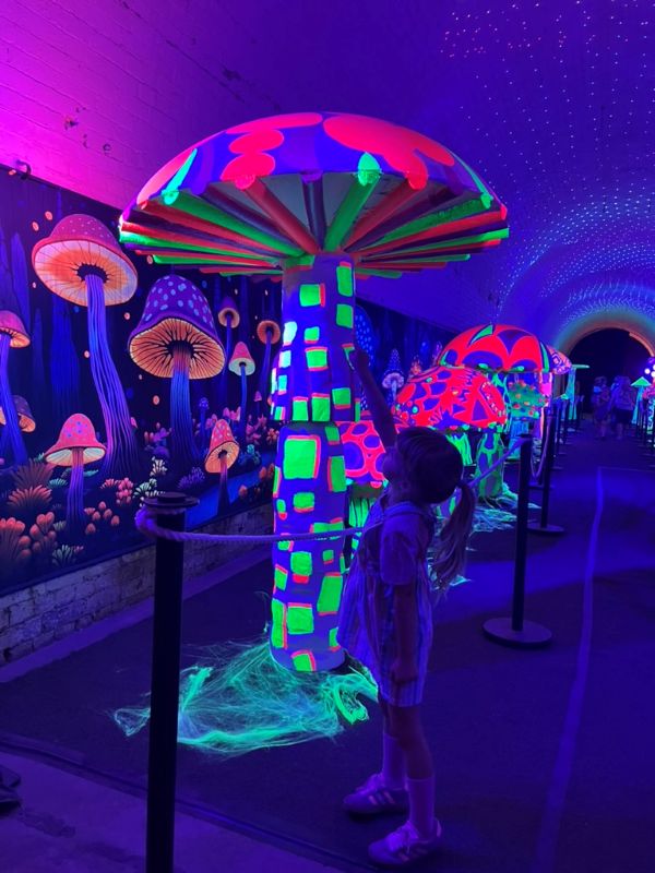 A child stands in front of a brightly glowing mushroom, captivated by its luminescent colors in a dark forest setting.