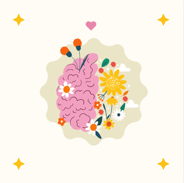  A vibrant vector of a brain adorned with colorful flowers and twinkling stars, symbolizing creativity and imagination.