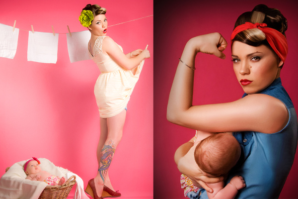 Two images of a tattooed woman holding a baby, showcasing their bond and warmth in a cozy setting.