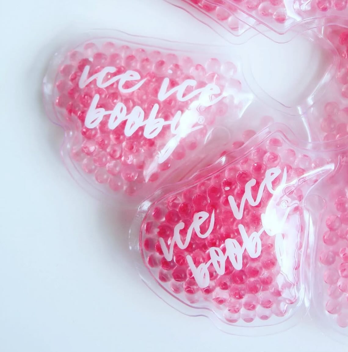 Pink bubble wrap featuring the words "Ice Ice Booby" printed in white.