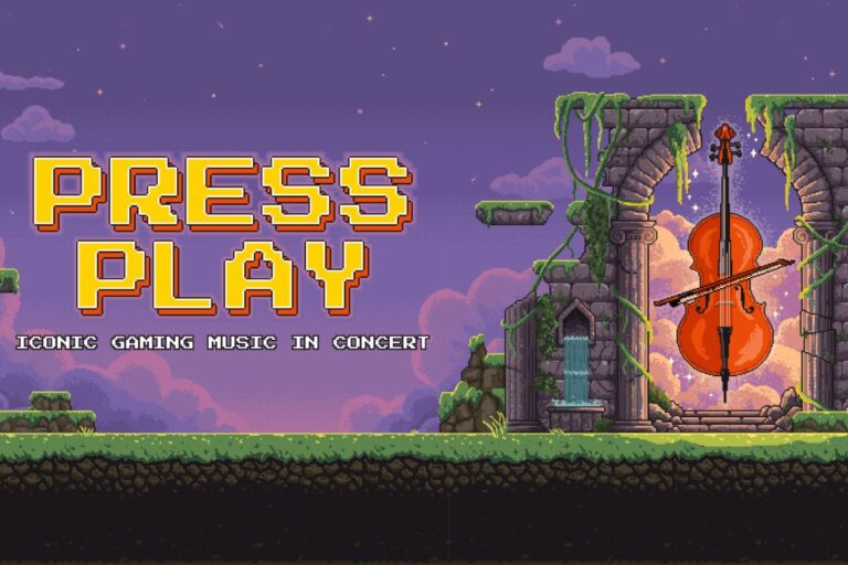 Game cover for "Press Play," featuring music and global themes in vibrant colors.