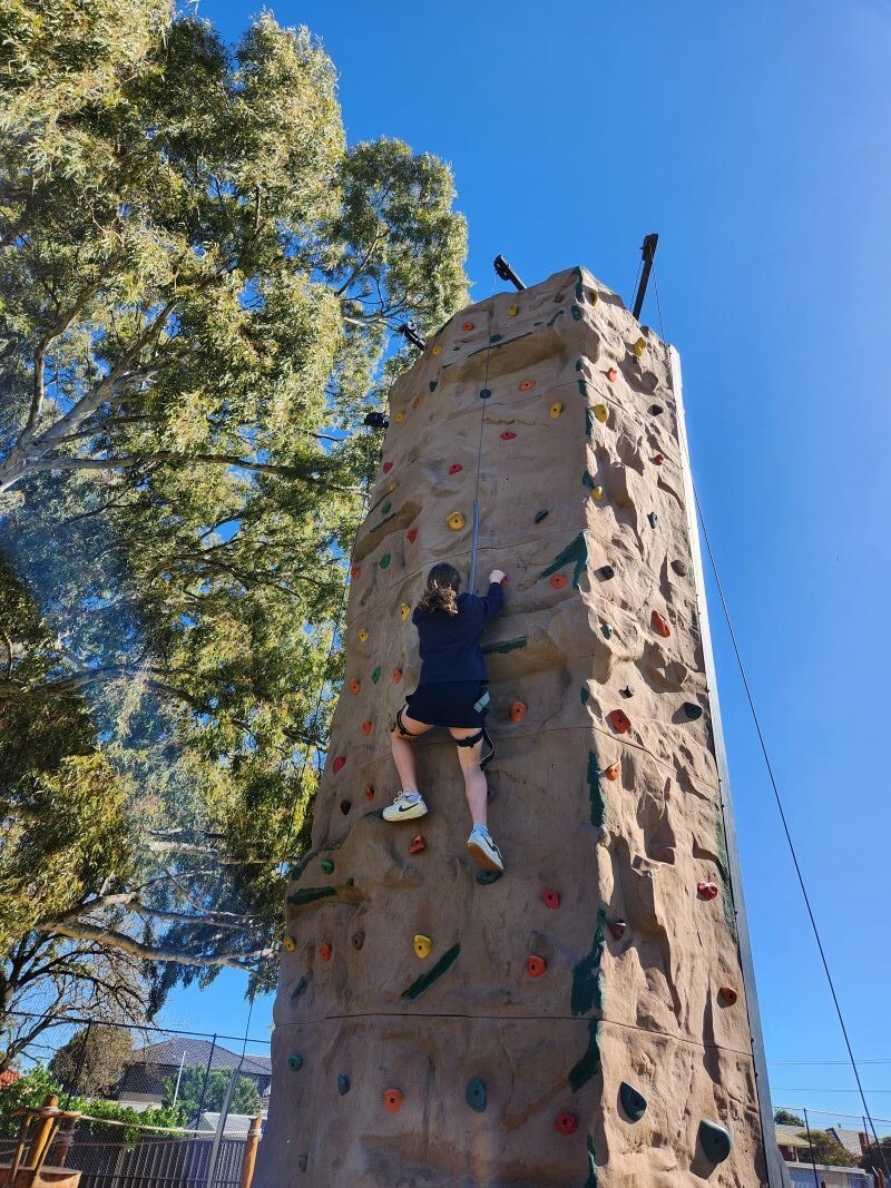A young student climbs a colorful rock wall, reaching for the next hold with determination.