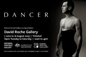 Dancer performing at the David Roche Gallery during an exhibition, showcasing movement and artistry in a vibrant setting.