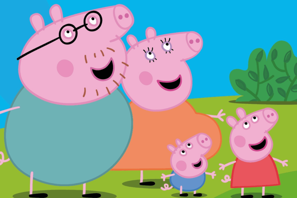 Peppa Pig and her family, including George, Mummy Pig, and Daddy Pig, smiling together in a colorful outdoor setting.