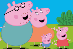 Peppa Pig and her family, including George, Mummy Pig, and Daddy Pig, smiling together in a colorful outdoor setting.