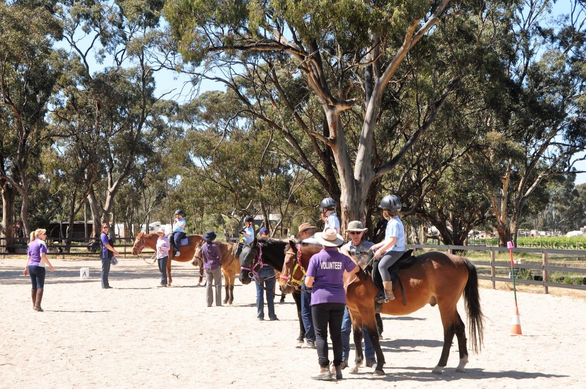 A group of riders on horses in an arena, showcasing equestrian skills and teamwork.