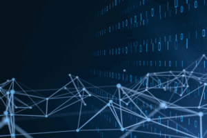 Digital background featuring a network of interconnected dots on a gradient backdrop.