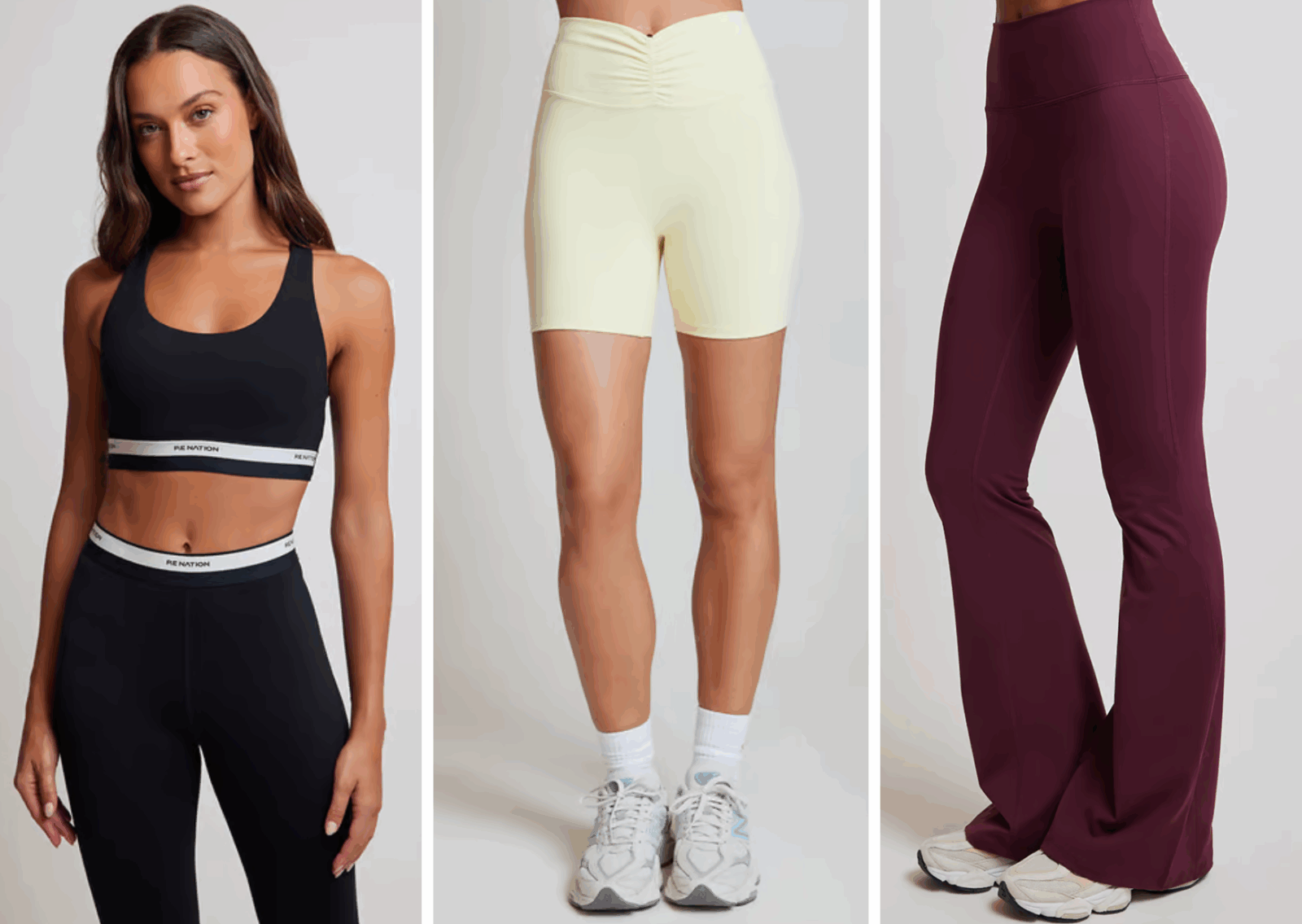  Four styles of women's workout pants displayed, showcasing various colors and designs for fitness activities.