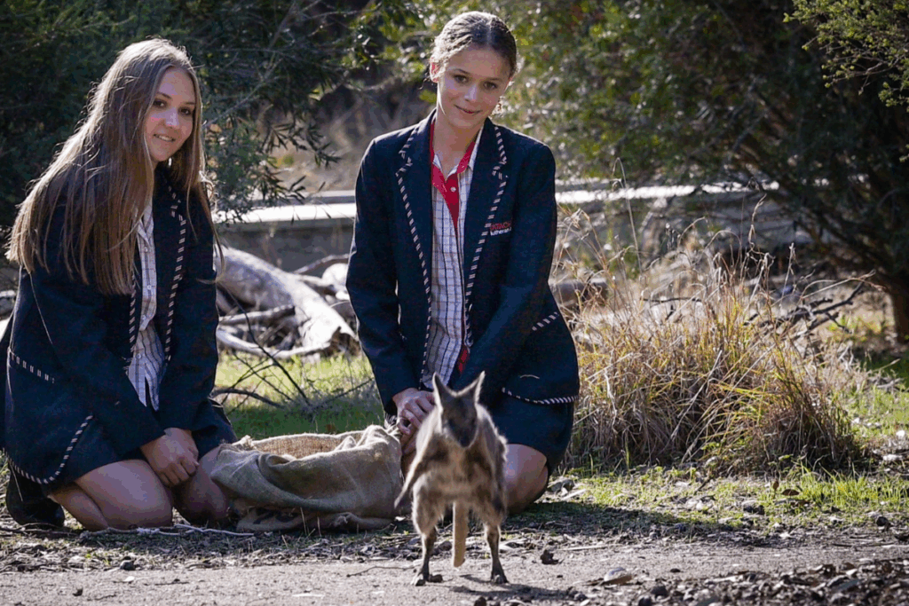 Two girls in school uniforms sitting on the ground, engaged in conversation and enjoying each other's company.