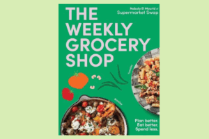 Cover of a book titled "The Weekly Grocery Shop," featuring colorful illustrations of groceries and shopping items.