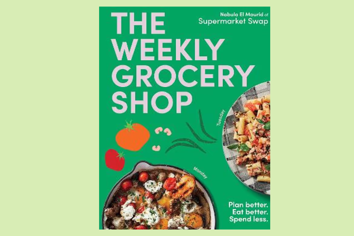 Cover of a book titled "The Weekly Grocery Shop," featuring colorful illustrations of groceries and shopping items.
