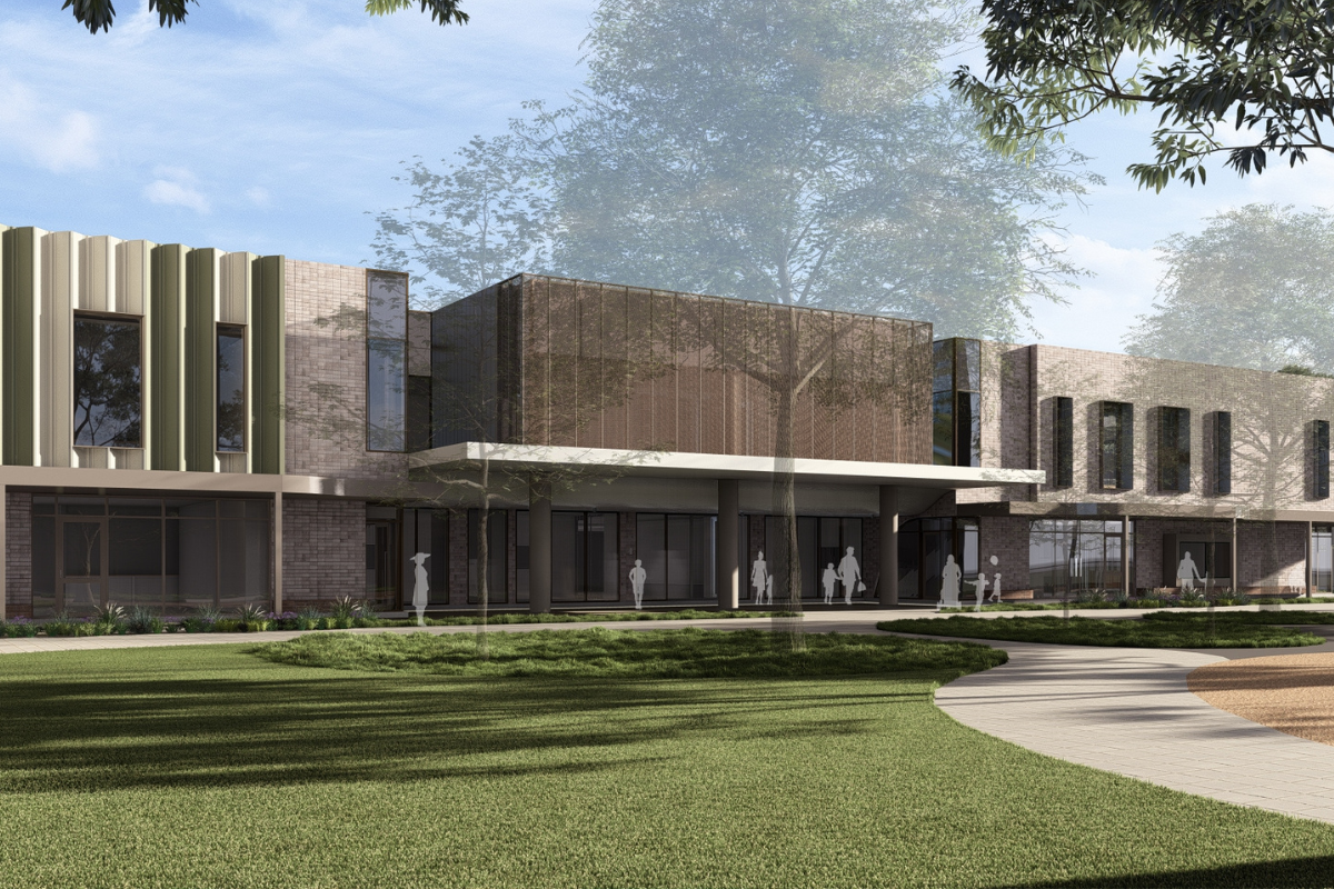 Artist's impression of a modern school building with large windows and green landscaping.
