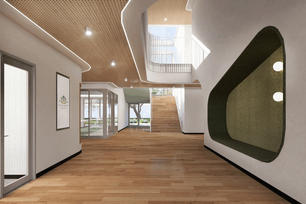 A hallway featuring wooden floors and a vibrant green wall.