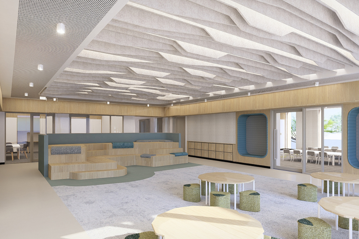 Modern office interior featuring sleek furniture, large windows, and a collaborative workspace design.