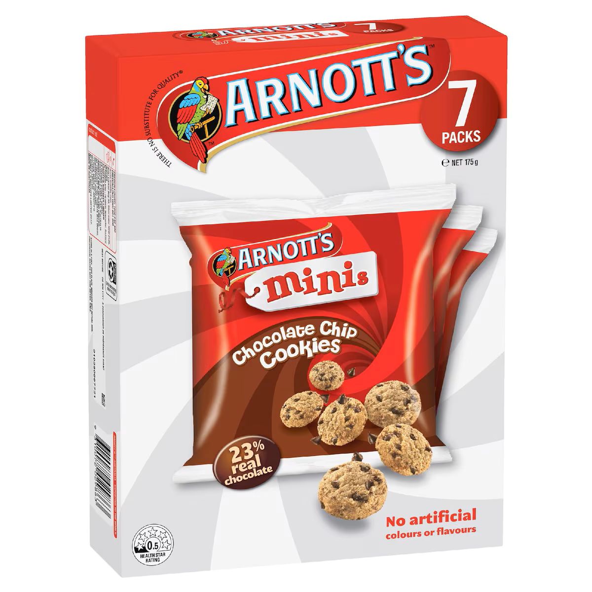 A package of Arnott's chocolate chip cookies, featuring a classic design and visible chocolate chips on the cookies.