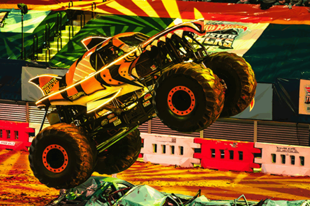 A monster truck leaps over a ramp, showcasing its power and agility in a thrilling stunt performance.