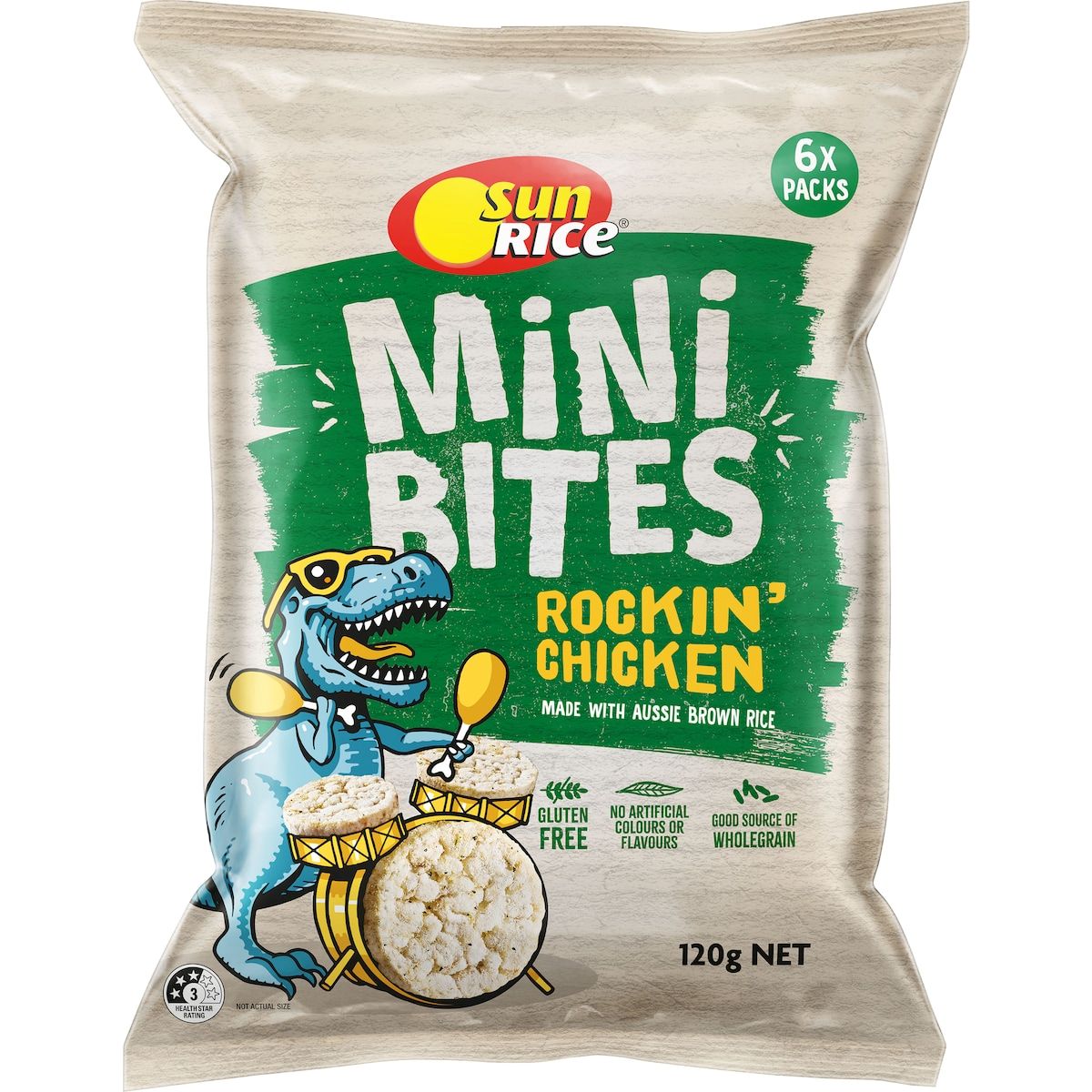 Sun Rice Mini Bites featuring Rockin' Chicken flavor, presented in a colorful packaging with appetizing visuals.