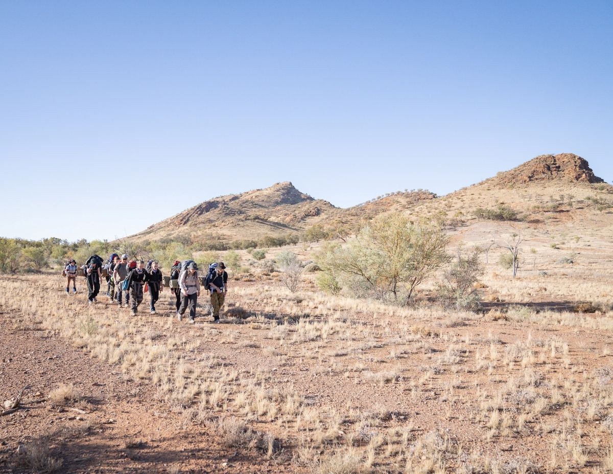 A group of people walking together along a dirt road surrounded by greenery.