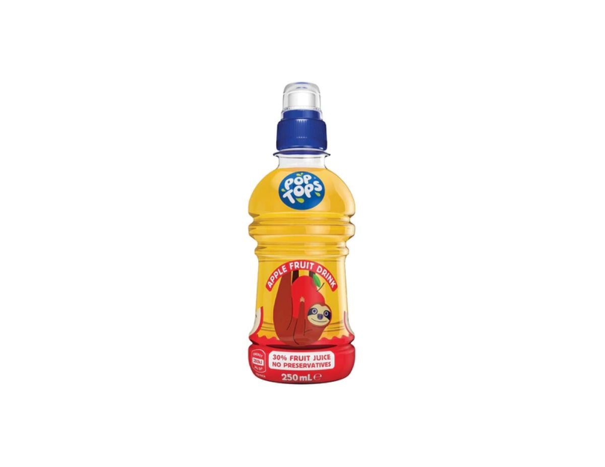 A bottle of orange juice with a blue cap, showcasing its vibrant color and refreshing contents.