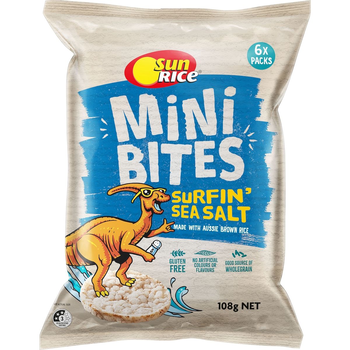 Sun Rice Mini Bites with Surfin' Sea Salt packaging featuring a beach theme and vibrant colors.