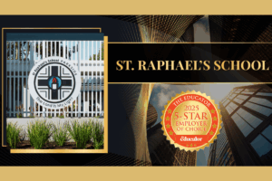 St. Raphael's School logo alongside a gold star award, symbolizing academic excellence and achievement.