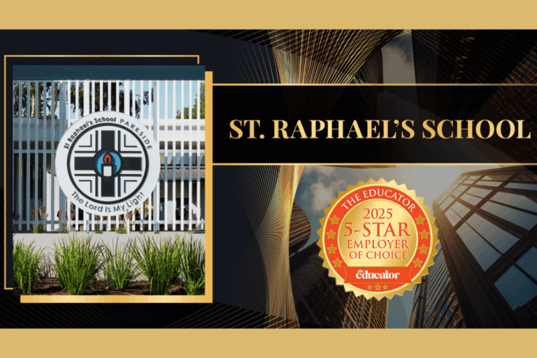 St. Raphael's School logo alongside a gold star award, symbolizing academic excellence and achievement.