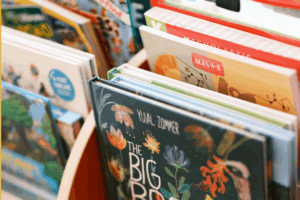 A wooden bookshelf filled with various books, showcasing a range of colors and sizes.