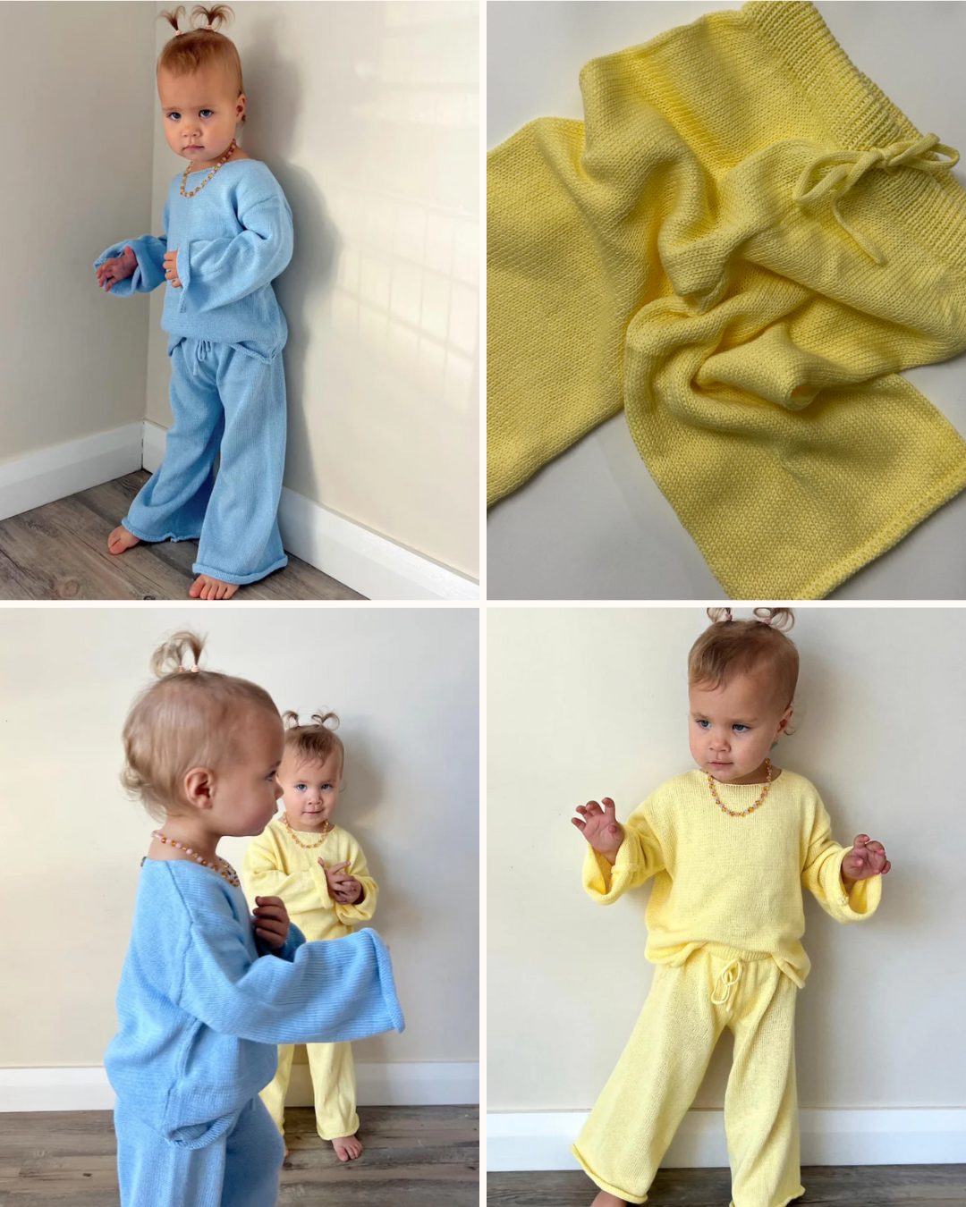 A collage of four photos featuring a baby in a cheerful yellow and blue outfit, displaying various adorable expressions.