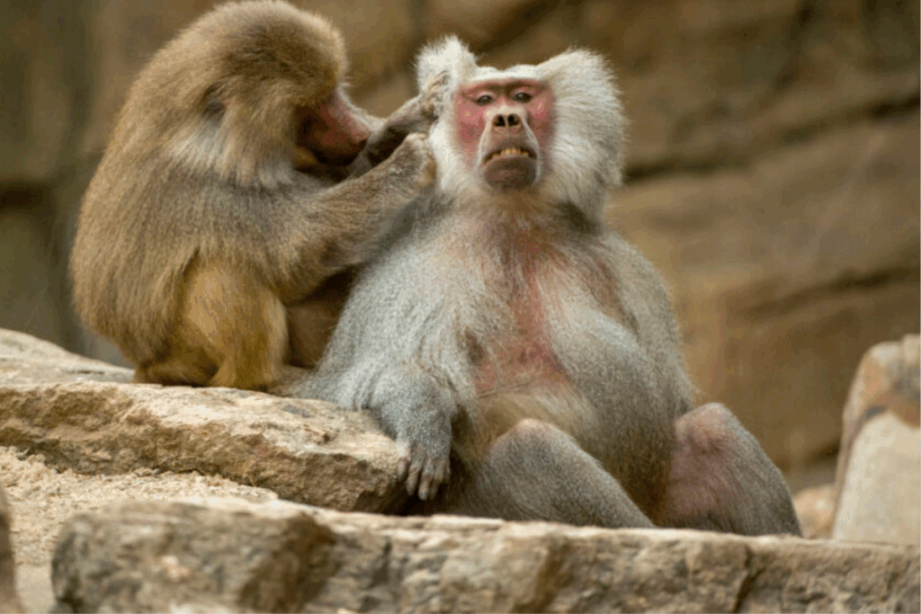 Two baboons grooming each other in a zoo enclosure, showcasing their social behavior and bond.