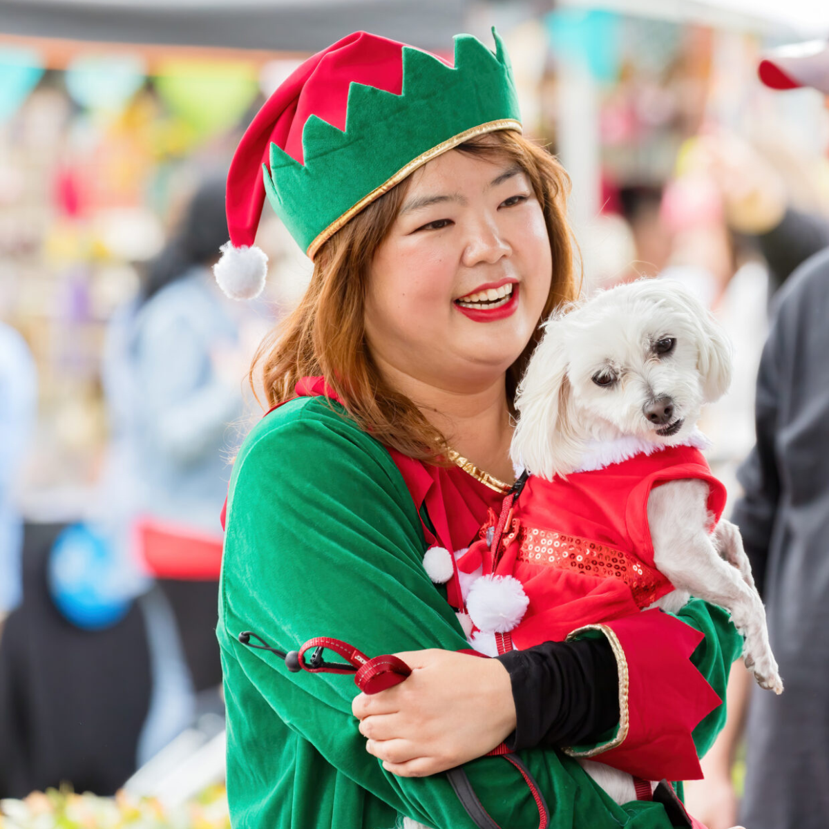 A woman dressed as an elf holds a small dog, smiling cheerfully in a festive setting.