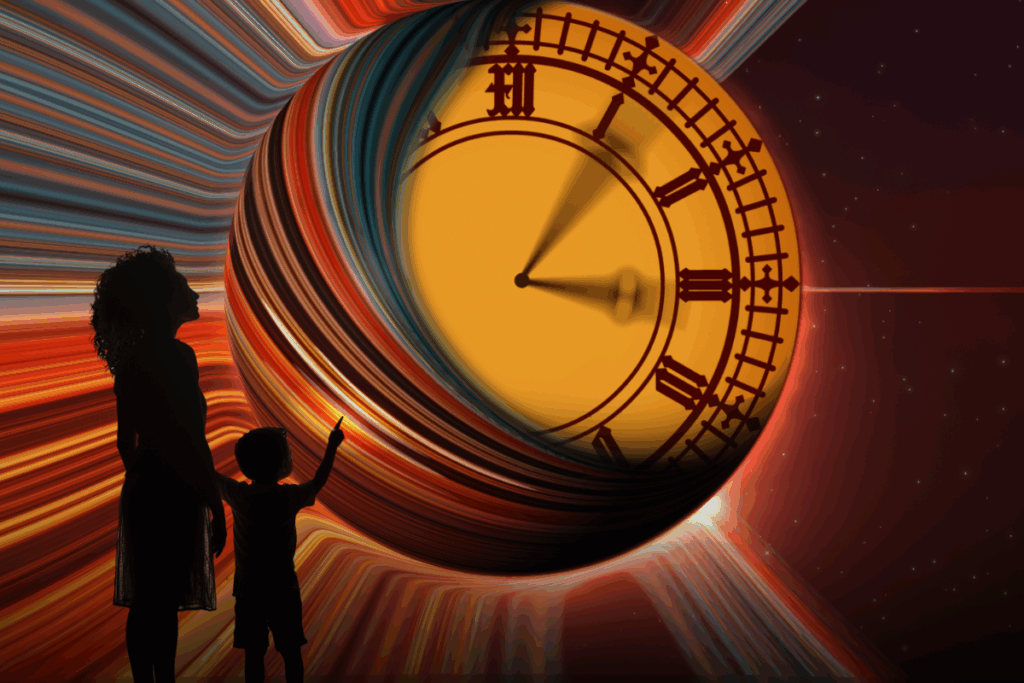 A woman and a child stand together in front of a large clock, both looking up at the time displayed.
