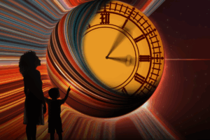 A woman and a child stand together in front of a large clock, both looking up at the time displayed.