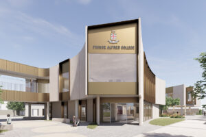 Rendering of the new building at the University of the South, showcasing modern architecture and surrounding landscape.