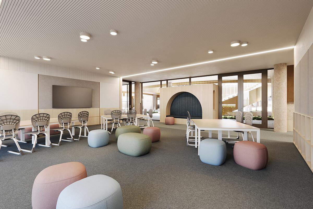 A spacious modern office featuring an open layout with contemporary furnishings and ample natural light.