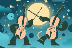 Two violinists perform under the moonlight, creating a serene atmosphere with their enchanting music.